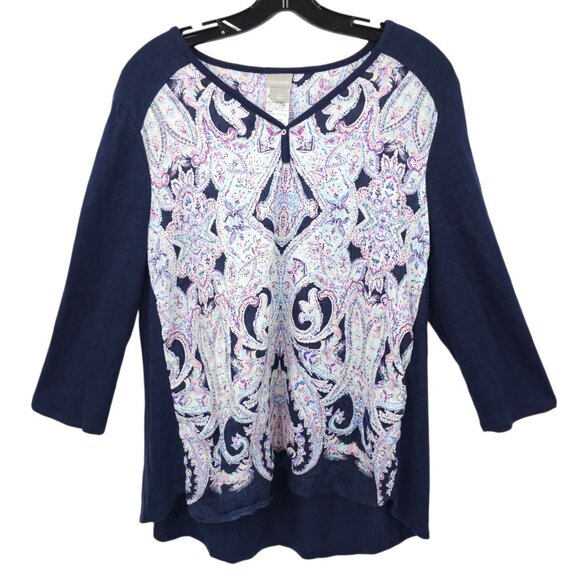 Chicos Pullover Top Womens 2 US  L Paisley Linen 3/4 Sleeve V Neck High Low - Picture 1 of 16